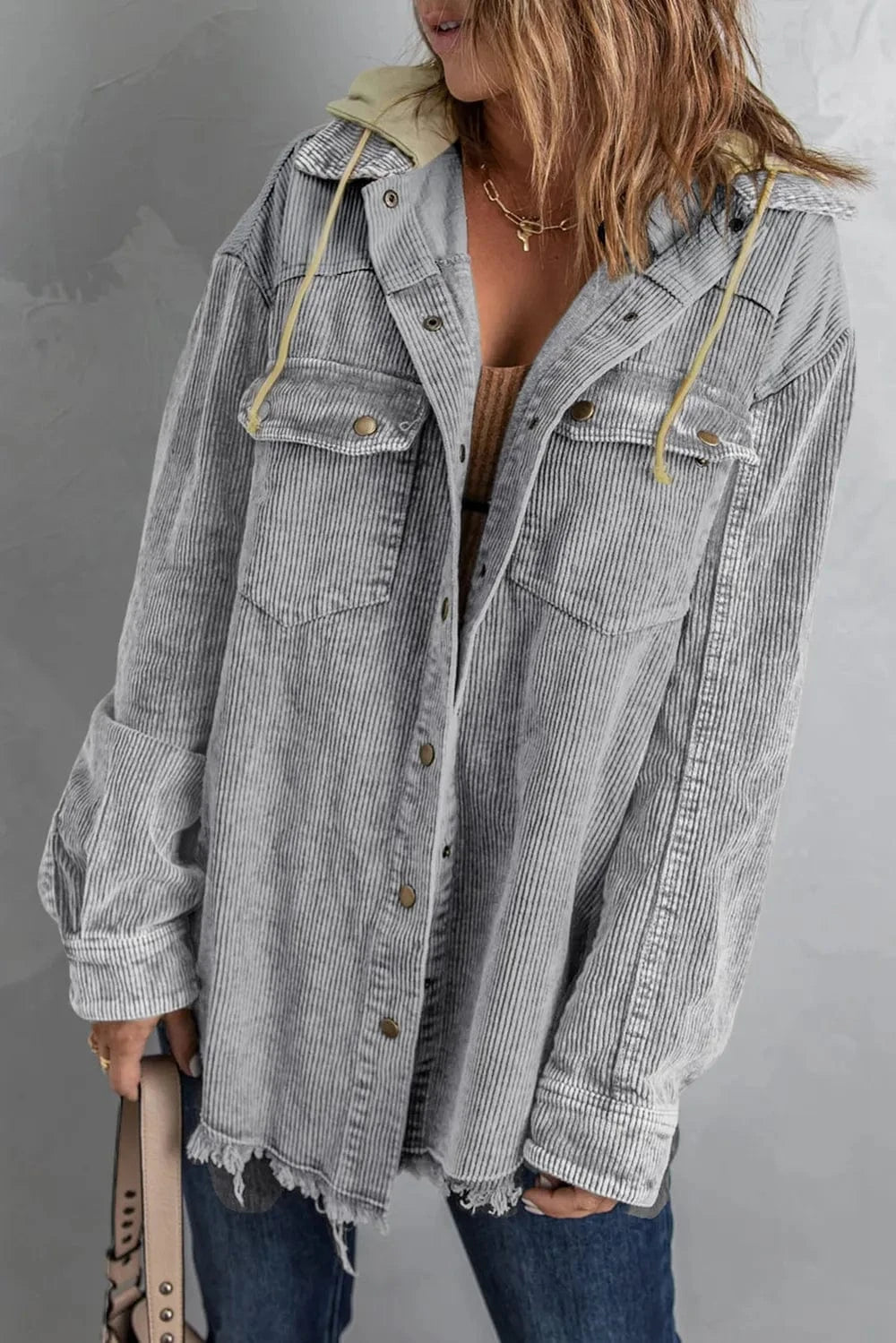 Trendsi Snap Front Hooded Corduroy Shacket