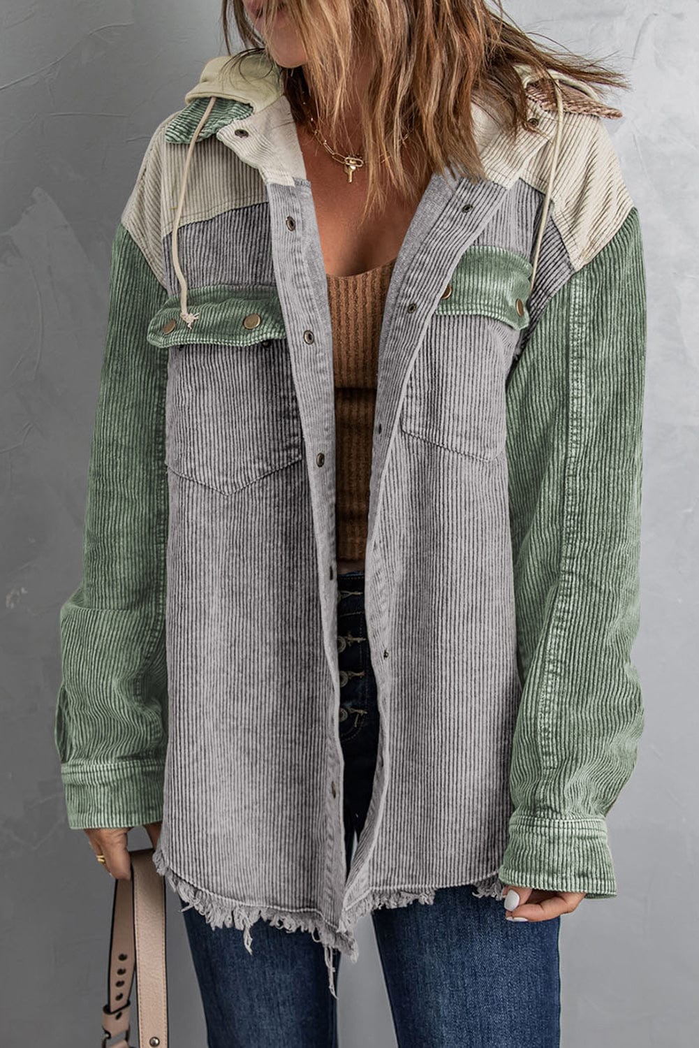 Trendsi Snap Front Hooded Corduroy Shacket