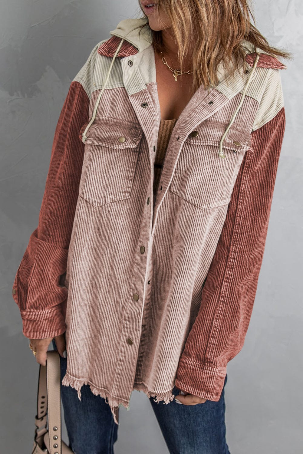 Trendsi Blush Pink / S Snap Front Hooded Corduroy Shacket