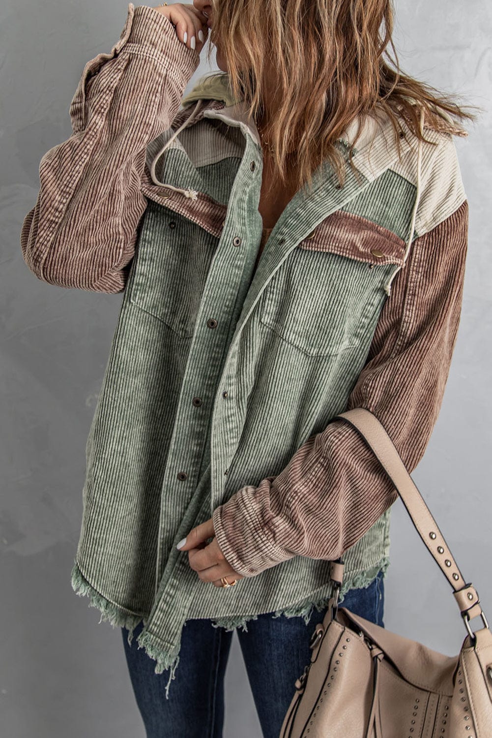 Trendsi Snap Front Hooded Corduroy Shacket