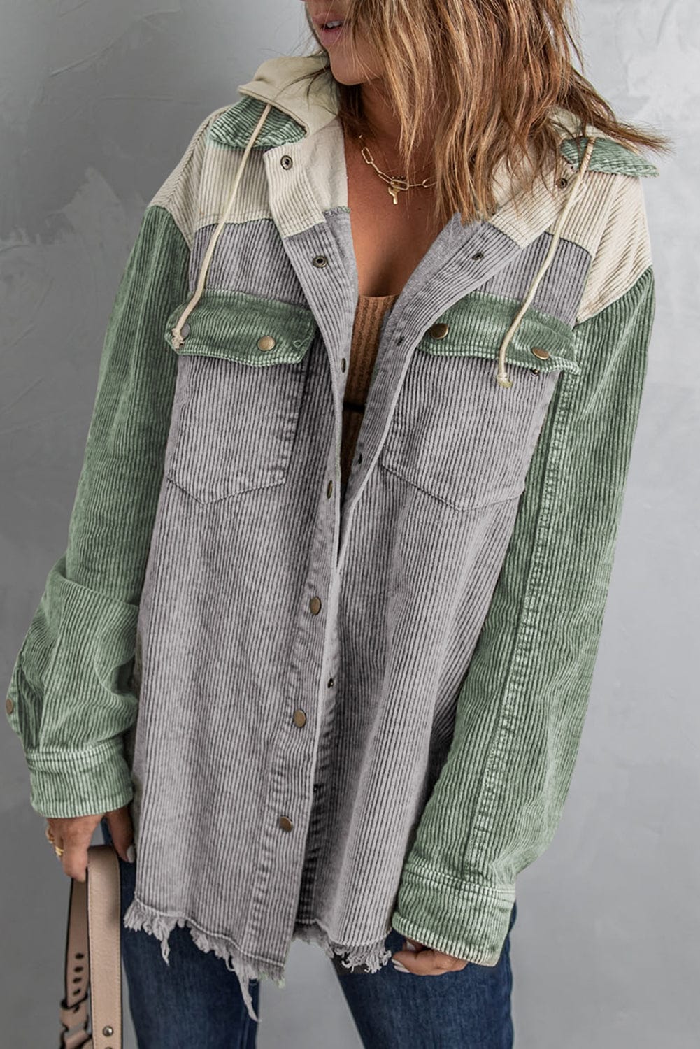 Trendsi Gray / S Snap Front Hooded Corduroy Shacket