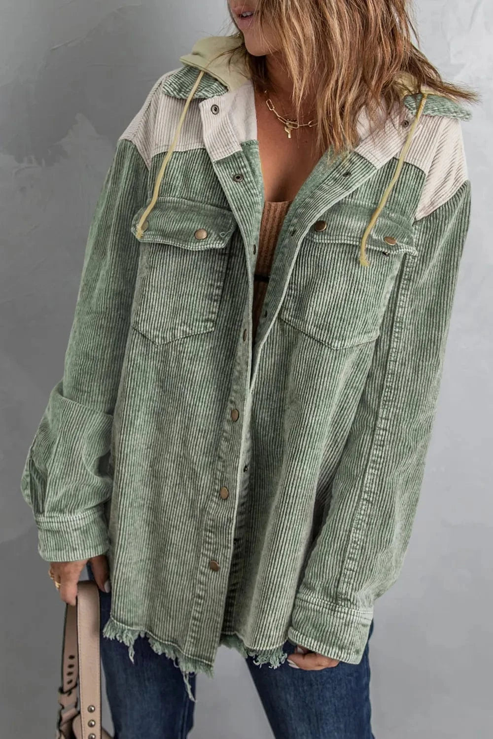 Trendsi Gum Leaf / S Snap Front Hooded Corduroy Shacket