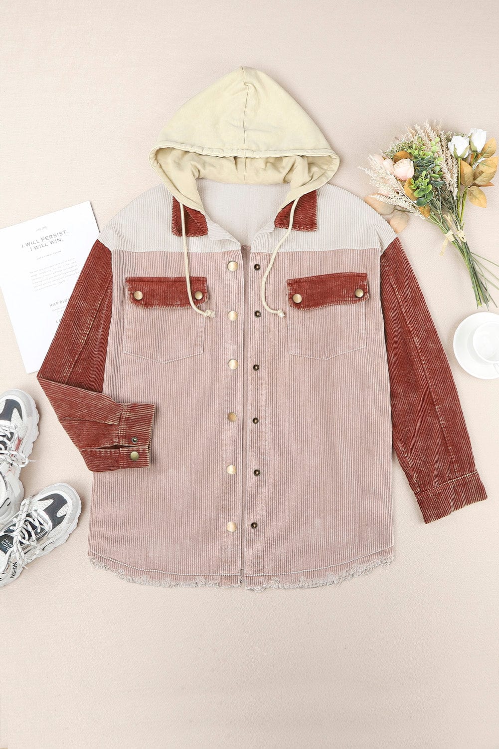 Trendsi Snap Front Hooded Corduroy Shacket