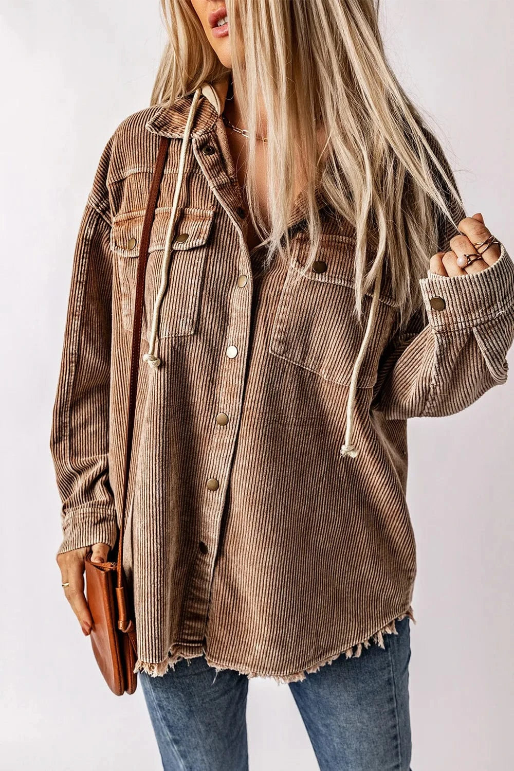 Trendsi Snap Front Hooded Corduroy Shacket
