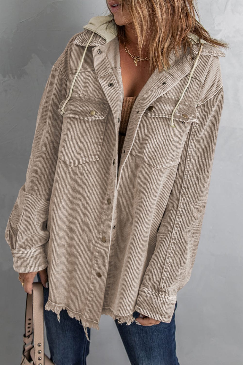 Trendsi Khaki / S Snap Front Hooded Corduroy Shacket