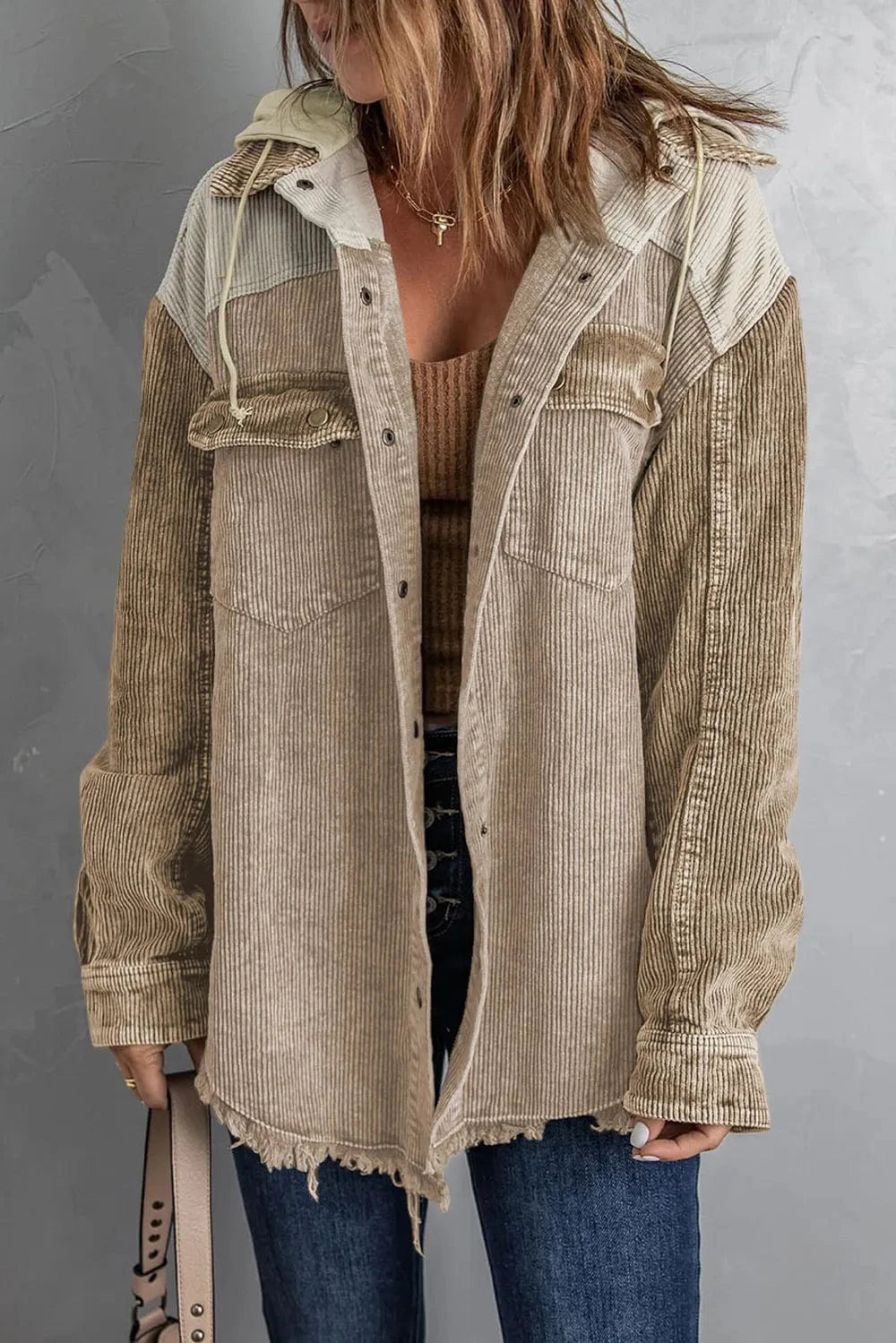 Trendsi Snap Front Hooded Corduroy Shacket