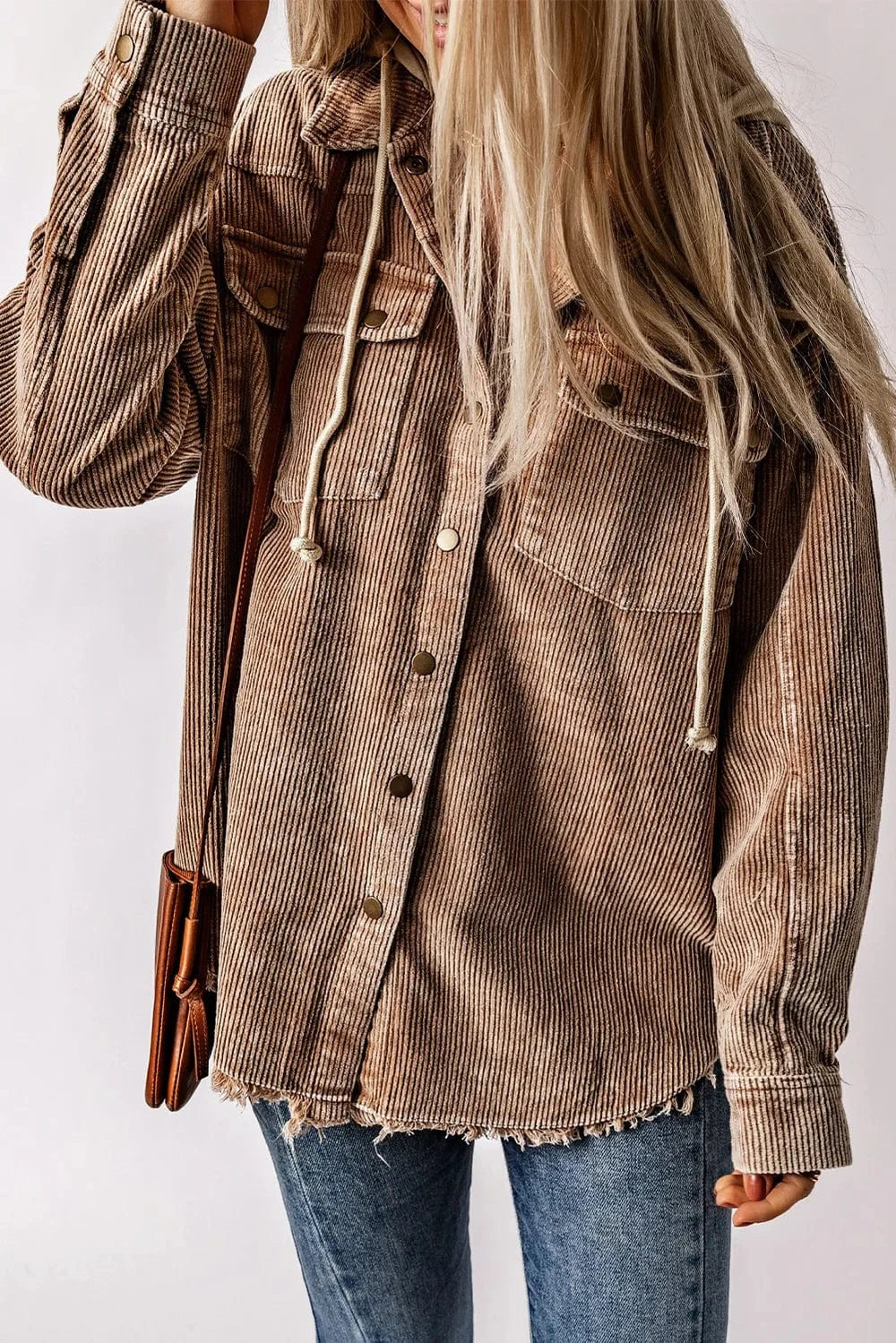 Trendsi Taupe / S Snap Front Hooded Corduroy Shacket