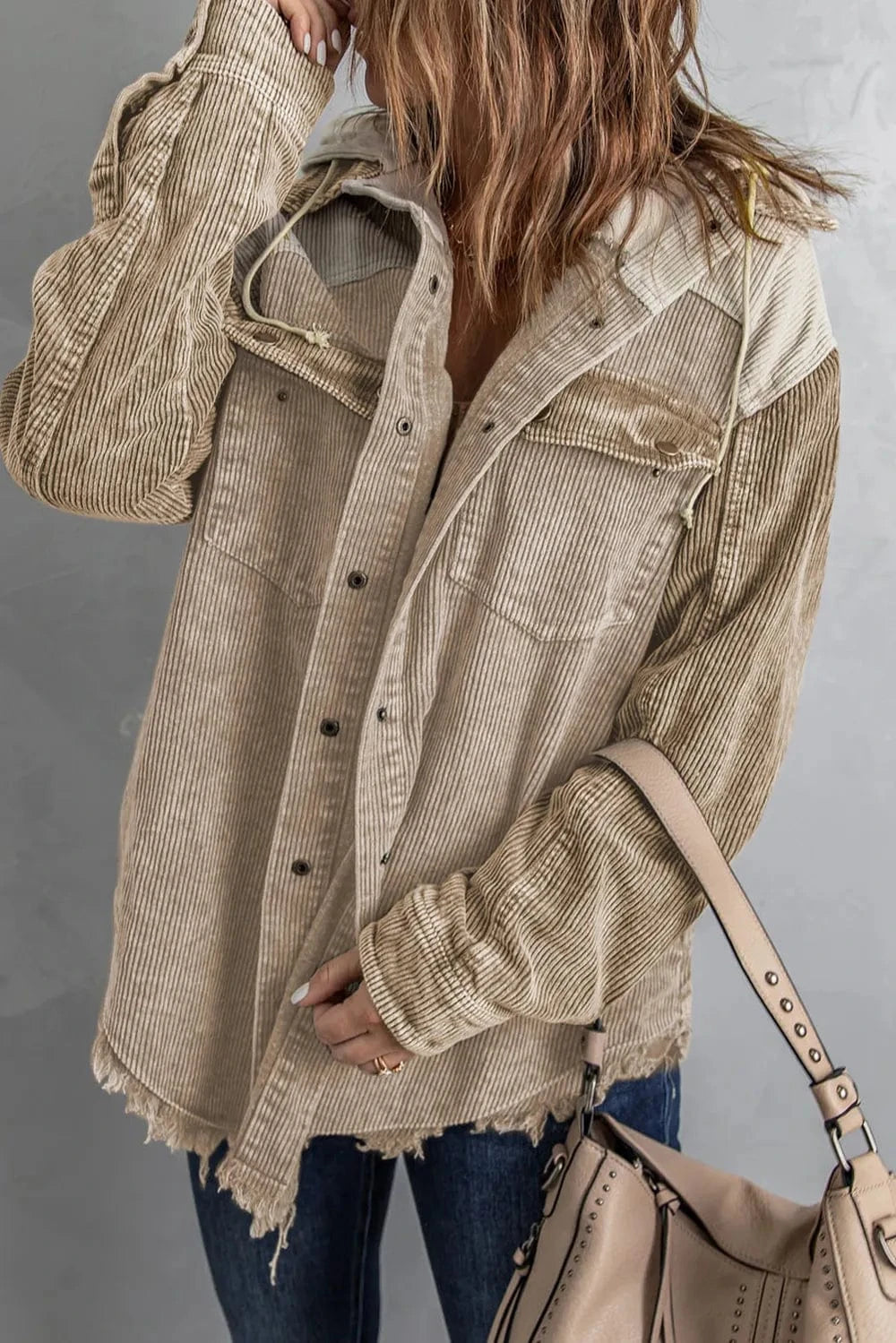Trendsi Dust Storm / S Snap Front Hooded Corduroy Shacket
