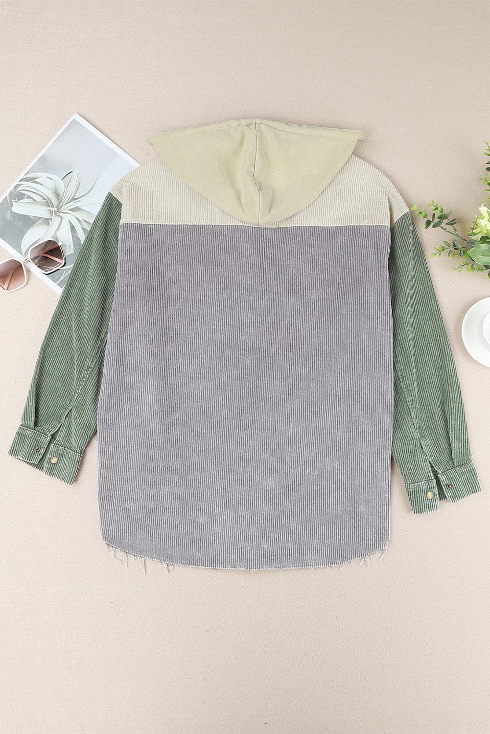Trendsi Snap Front Hooded Corduroy Shacket