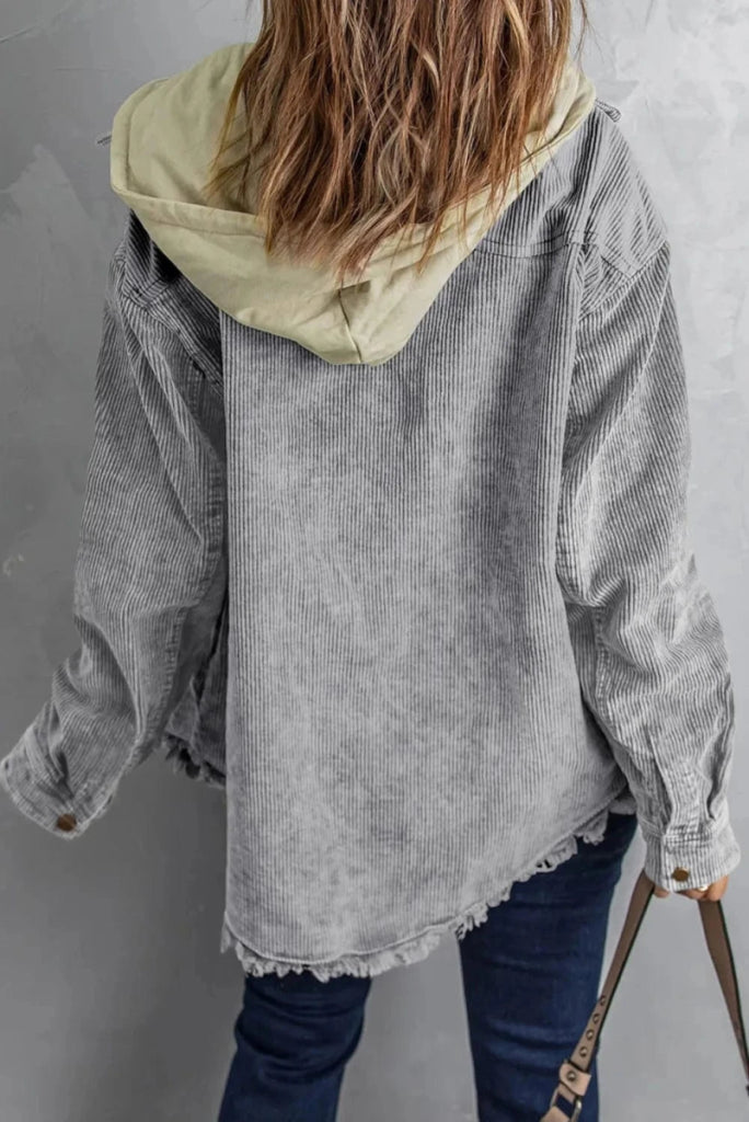 Snap Front Hooded Corduroy Shacket - Tan by Trendsi from FREYA’S CLOSET