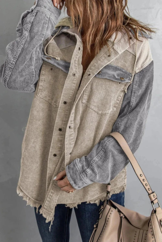 Snap Front Hooded Corduroy Shacket - Tan by Trendsi from FREYA’S CLOSET