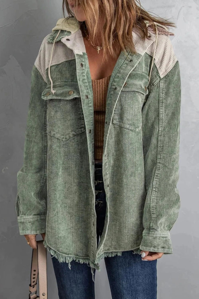 Snap Front Hooded Corduroy Shacket – Gum Leaf by Trendsi from FREYA’S CLOSET