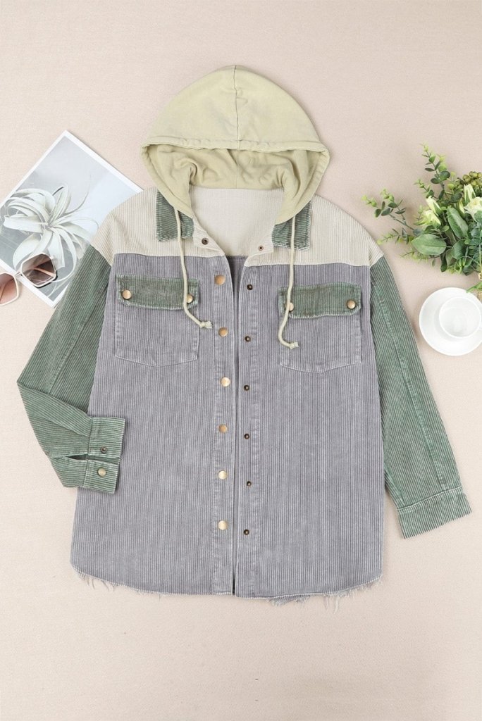 Snap Front Hooded Corduroy Shacket - Gray by Trendsi from FREYA’S CLOSET