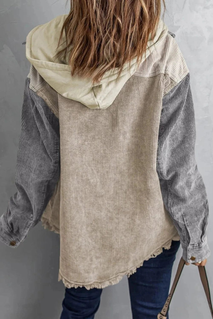 Snap Front Hooded Corduroy Shacket - Tan by Trendsi from FREYA’S CLOSET