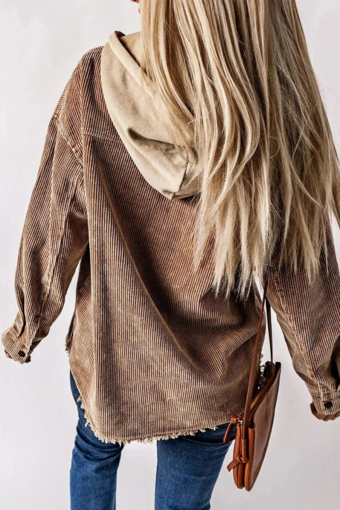 Snap Front Hooded Corduroy Shacket - Taupe by Trendsi from FREYA’S CLOSET