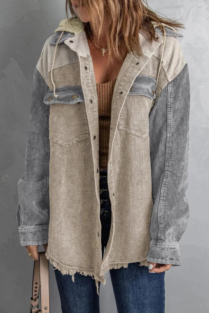 Snap Front Hooded Corduroy Shacket - Tan by Trendsi from FREYA’S CLOSET