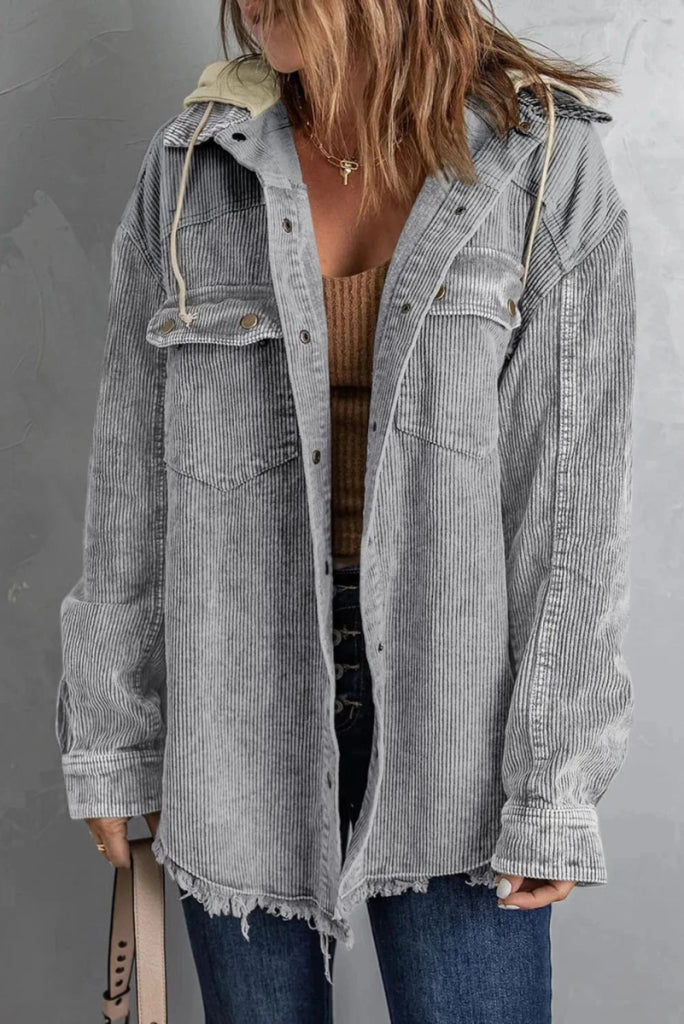 Snap Front Hooded Corduroy Shacket - Tan by Trendsi from FREYA’S CLOSET