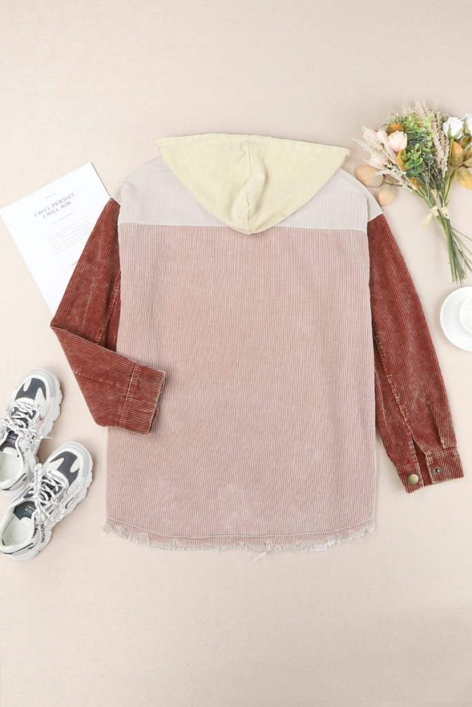 Snap Front Hooded Corduroy Shacket - Blush Pink by Trendsi from FREYA’S CLOSET