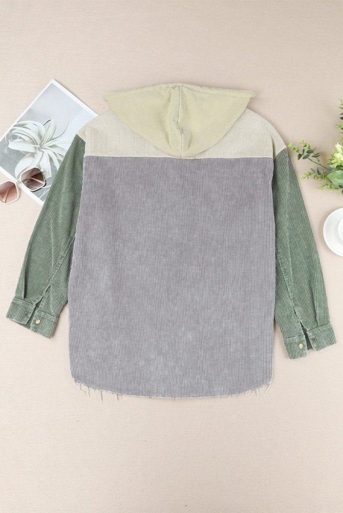 Snap Front Hooded Corduroy Shacket - Gray by Trendsi from FREYA’S CLOSET