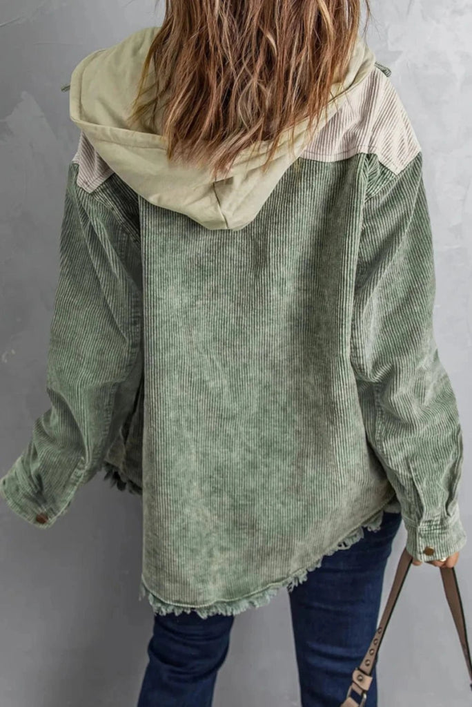 Snap Front Hooded Corduroy Shacket - Gum Leaf by Trendsi from FREYA’S CLOSET