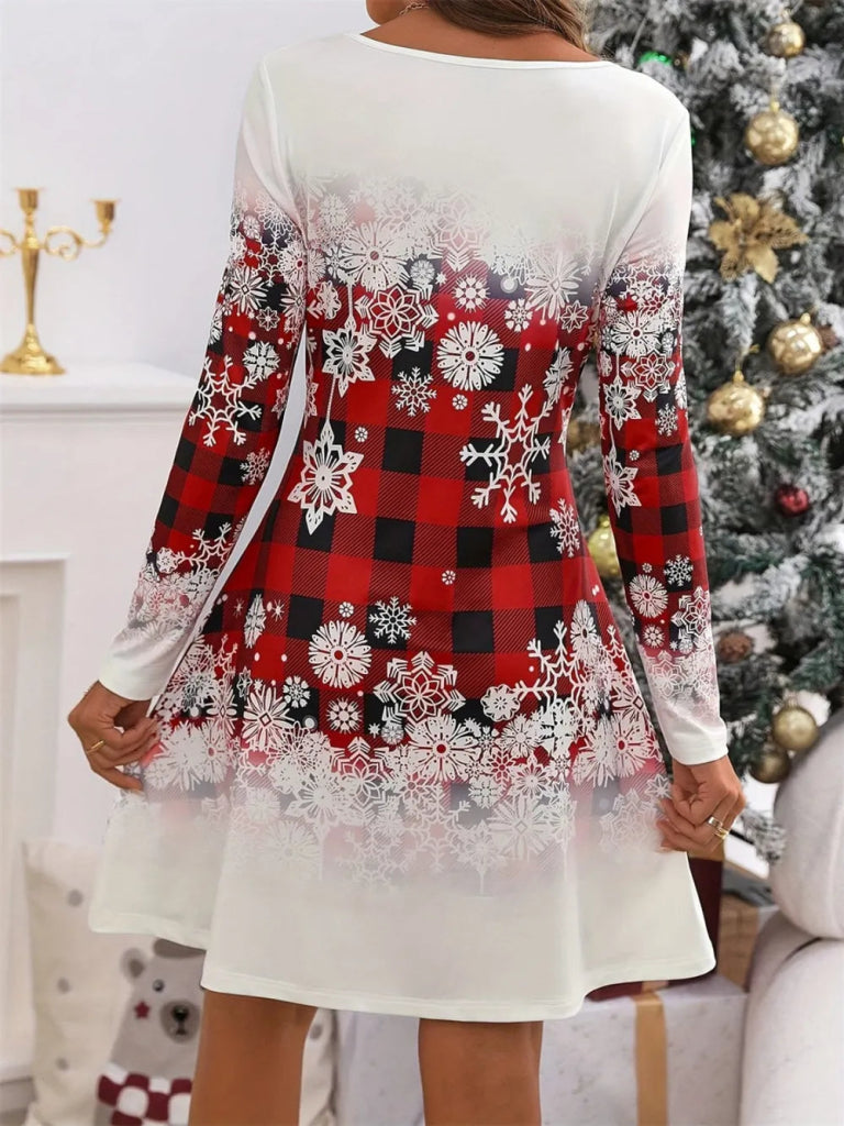 Snowflakes Plaid Round Neck Long Sleeve Dress - White by Trendsi from FREYA’S CLOSET