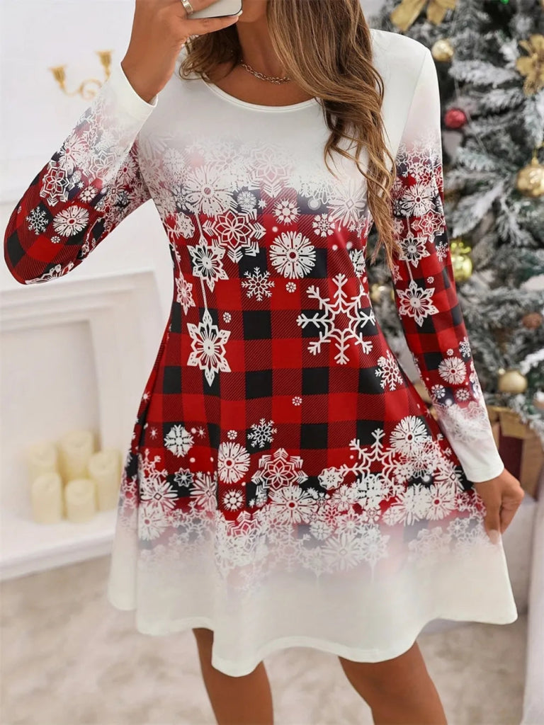 Snowflakes Plaid Round Neck Long Sleeve Dress - White by Trendsi from FREYA’S CLOSET