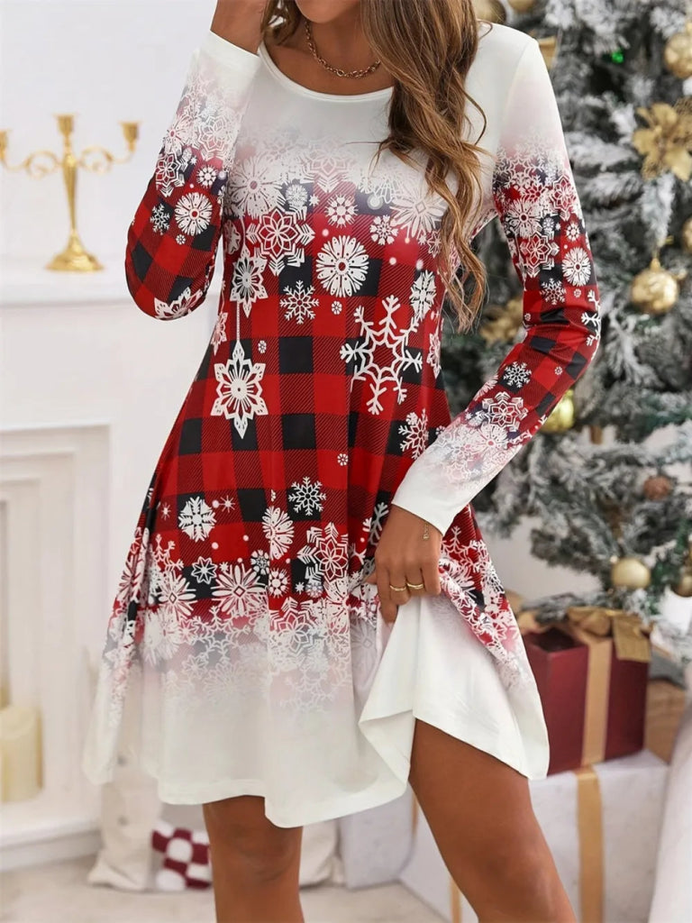 Snowflakes Plaid Round Neck Long Sleeve Dress - White by Trendsi from FREYA’S CLOSET