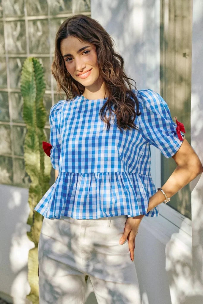 SO ME 4th Of July Gingham Ribbon Detail Short Sleeves Blouse - BLUE by Trendsi from FREYA’S CLOSET