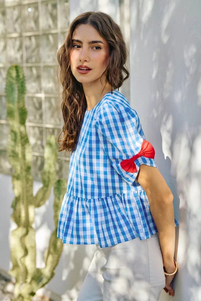 SO ME 4th Of July Gingham Ribbon Detail Short Sleeves Blouse - BLUE by Trendsi from FREYA’S CLOSET