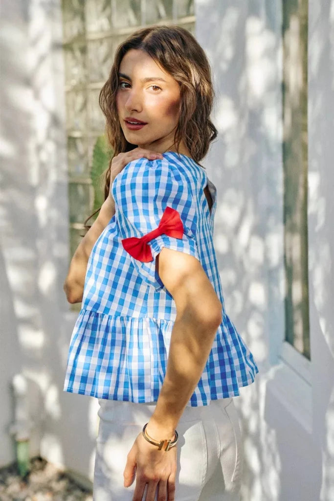 SO ME 4th Of July Gingham Ribbon Detail Short Sleeves Blouse - BLUE by Trendsi from FREYA’S CLOSET