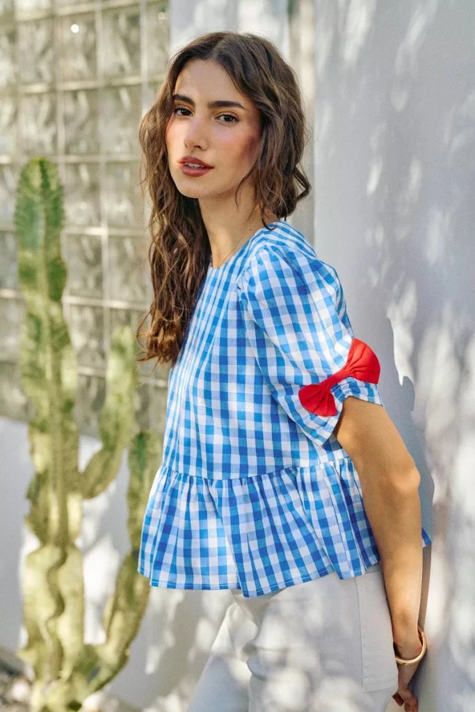 SO ME 4th Of July Gingham Ribbon Detail Short Sleeves Blouse - BLUE by Trendsi from FREYA’S CLOSET