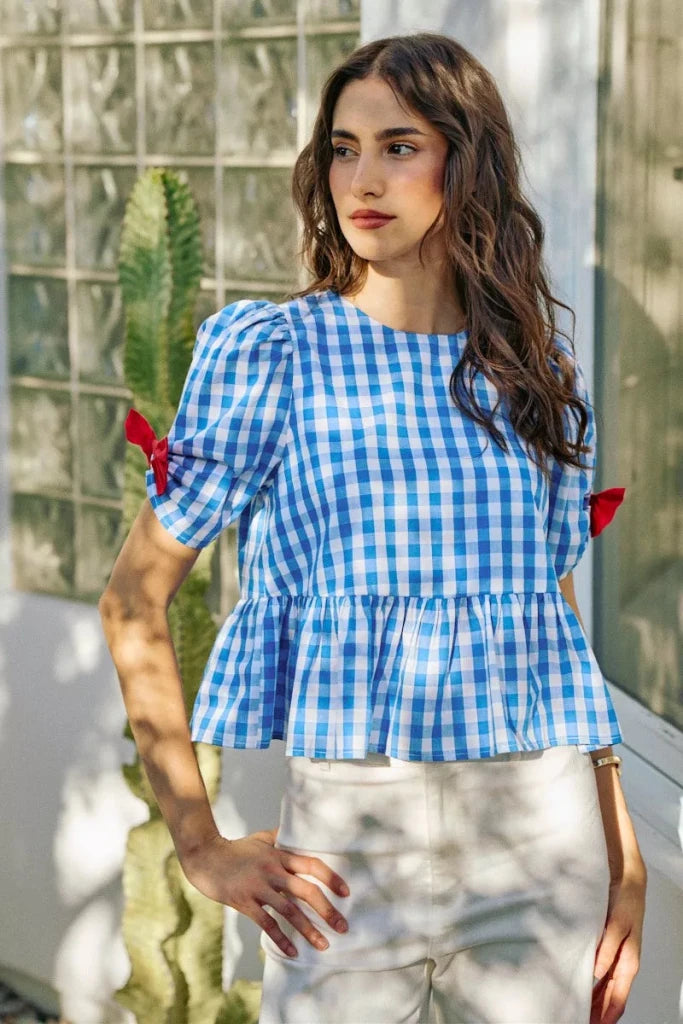 SO ME 4th Of July Gingham Ribbon Detail Short Sleeves Blouse - BLUE by Trendsi from FREYA’S CLOSET