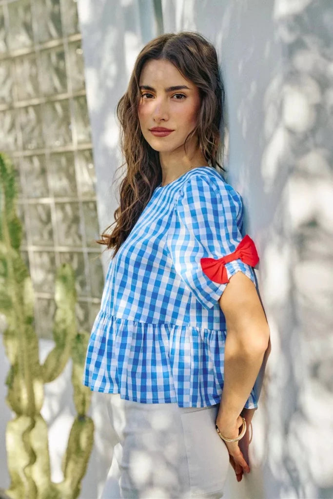 SO ME 4th Of July Gingham Ribbon Detail Short Sleeves Blouse - BLUE by Trendsi from FREYA’S CLOSET