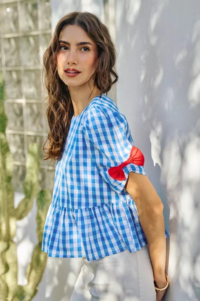 SO ME 4th Of July Gingham Ribbon Detail Short Sleeves Blouse - BLUE by Trendsi from FREYA’S CLOSET