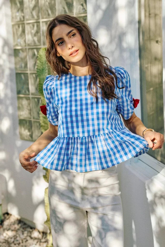 SO ME 4th Of July Gingham Ribbon Detail Short Sleeves Blouse - BLUE by Trendsi from FREYA’S CLOSET