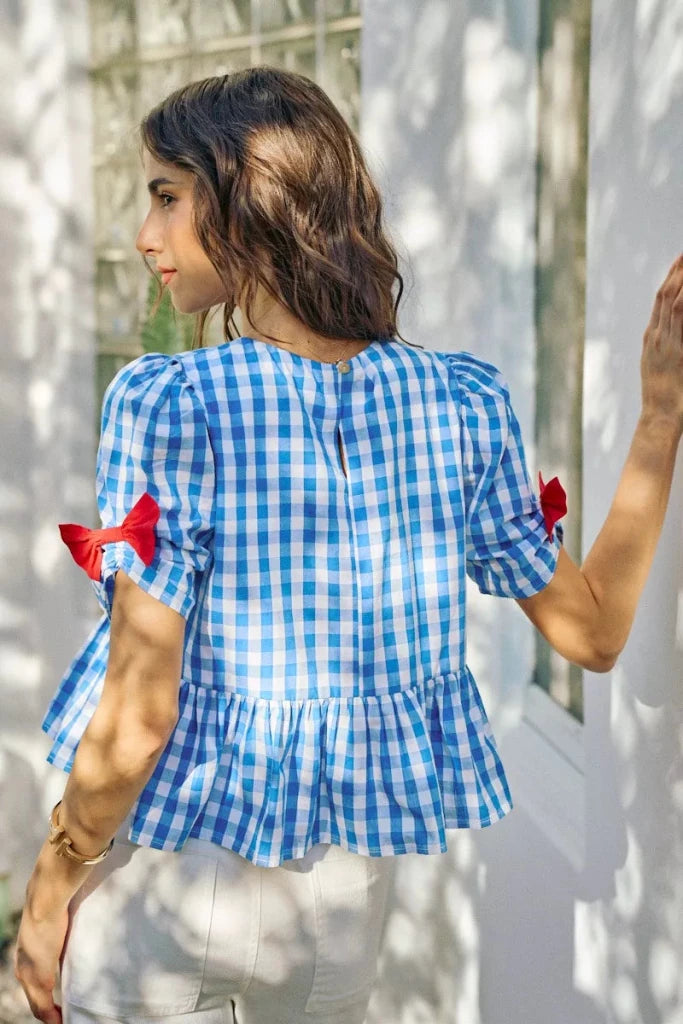 SO ME 4th Of July Gingham Ribbon Detail Short Sleeves Blouse - BLUE by Trendsi from FREYA’S CLOSET