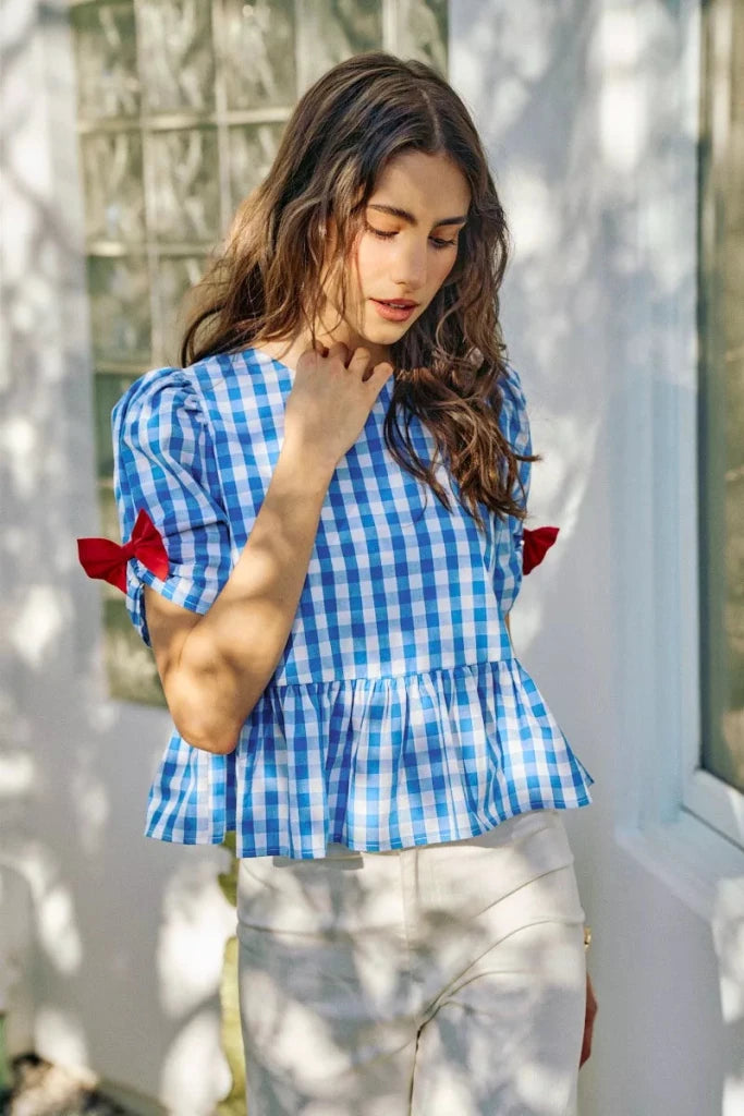SO ME 4th Of July Gingham Ribbon Detail Short Sleeves Blouse - BLUE by Trendsi from FREYA’S CLOSET