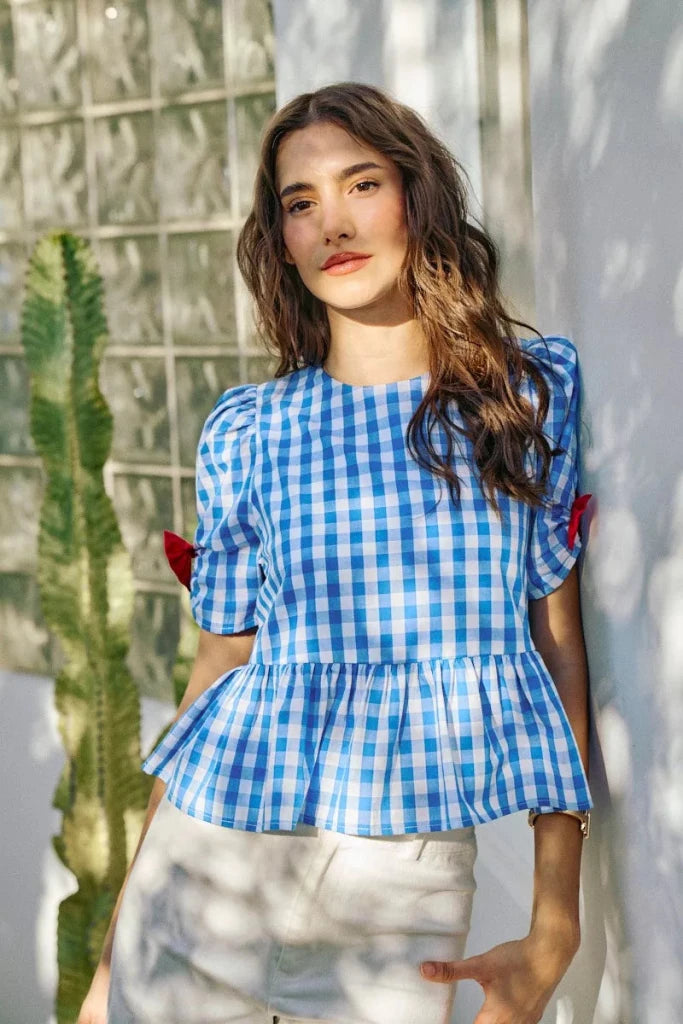 SO ME 4th Of July Gingham Ribbon Detail Short Sleeves Blouse - BLUE by Trendsi from FREYA’S CLOSET