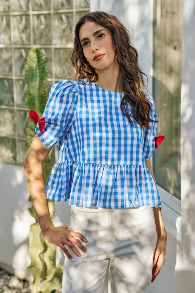 SO ME 4th Of July Gingham Ribbon Detail Short Sleeves Blouse - BLUE by Trendsi from FREYA’S CLOSET