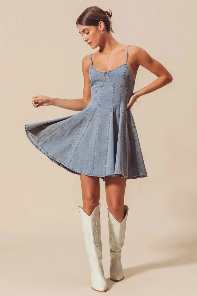 SO ME A Line Fit and Flare Denim Mini Dress - DENIM by Trendsi from FREYA’S CLOSET