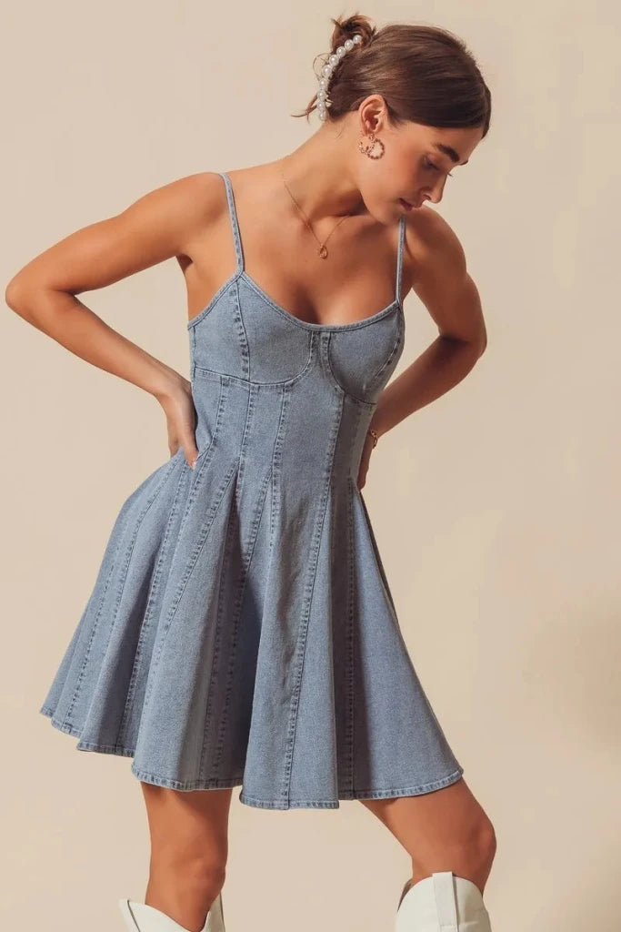 SO ME A Line Fit and Flare Denim Mini Dress - DENIM by Trendsi from FREYA’S CLOSET