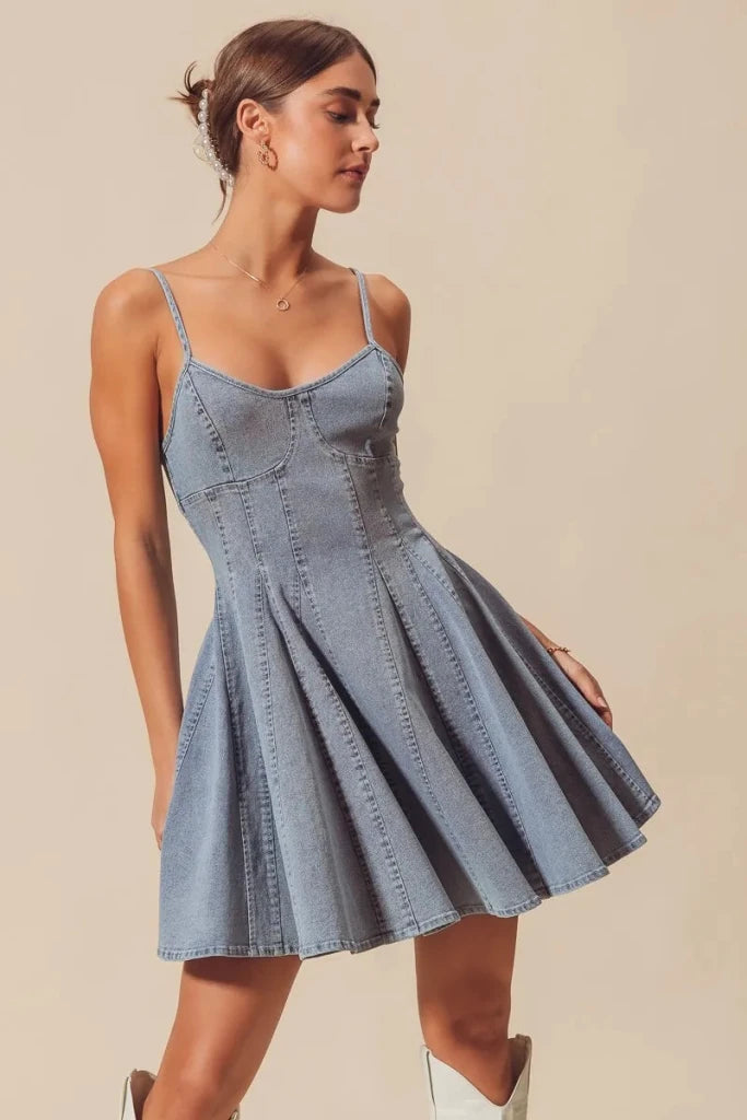 SO ME A Line Fit and Flare Denim Mini Dress - DENIM by Trendsi from FREYA’S CLOSET