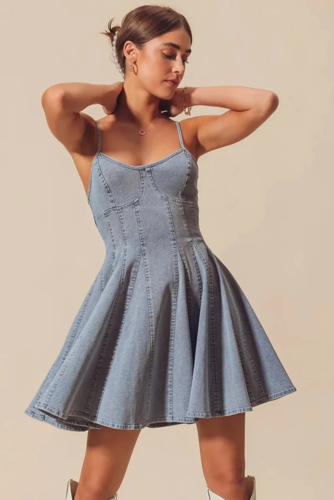 SO ME A Line Fit and Flare Denim Mini Dress - DENIM by Trendsi from FREYA’S CLOSET
