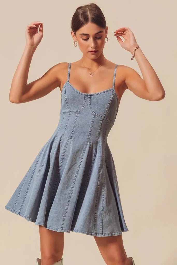 SO ME A Line Fit and Flare Denim Mini Dress - DENIM by Trendsi from FREYA’S CLOSET