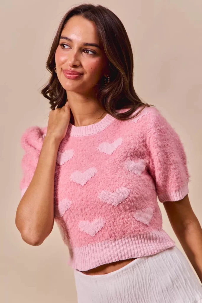 SO ME All Over Heart Valentine Cropped Sweater - PINK/BLUSH by Trendsi from FREYA’S CLOSET