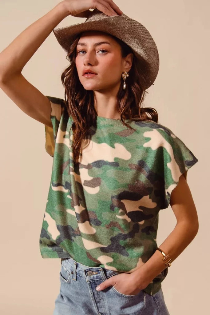 SO ME Camouflage Print Dolman Soft Sweater Top - CAMOUFLAGE by Trendsi from FREYA’S CLOSET