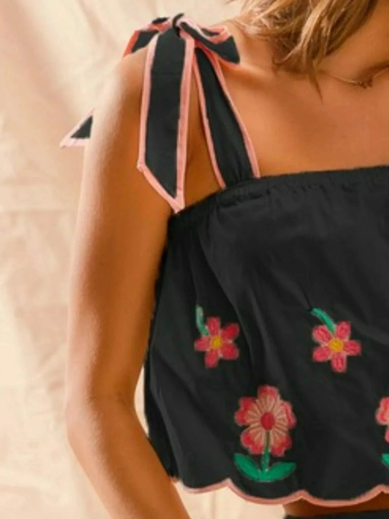SO ME Flower Embroidered Tank Top and Shorts Set - BLACK by Trendsi from FREYA’S CLOSET