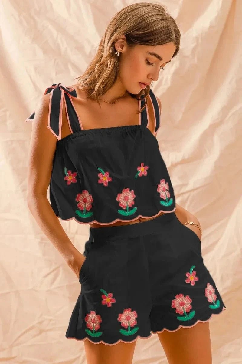 SO ME Flower Embroidered Tank Top and Shorts Set - BLACK by Trendsi from FREYA’S CLOSET