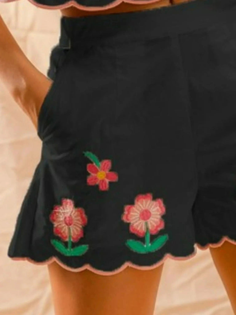 SO ME Flower Embroidered Tank Top and Shorts Set - BLACK by Trendsi from FREYA’S CLOSET