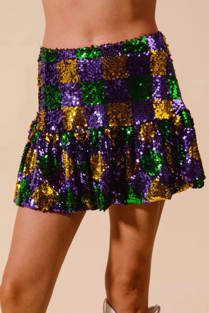 SO ME Mardi Gras Checker Sequins Mini Skirt - PURPLE/GOLD/GREEN by Trendsi from FREYA’S CLOSET